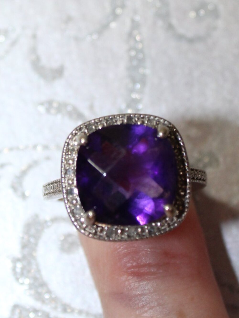 BBJ Bangkok Ltd Size 6.5 Sterling Silver Diamond & Amethyst Statement Ring